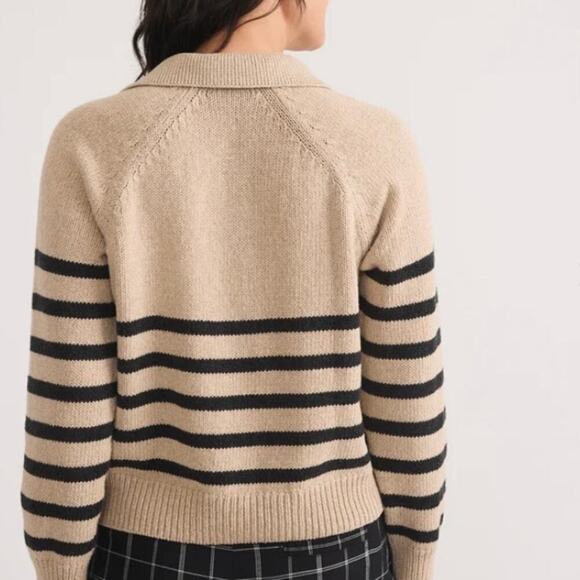 MARINE LAYER Claire Relaxed Knit Polo Sweater in Neutral Stripe, Size X-Large - Picture 3 of 15